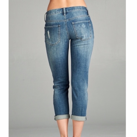 Dark wash Distressed cuff Capri Skinny Denim Jeans - Picture 2 of 2